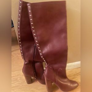 Red - burgundy over the knee high heeled boots with rhinestone studs up the back